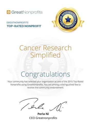 Top-Rated Nonprofit Award 2015 - Great Nonprofits - Cancer Research Simplified 